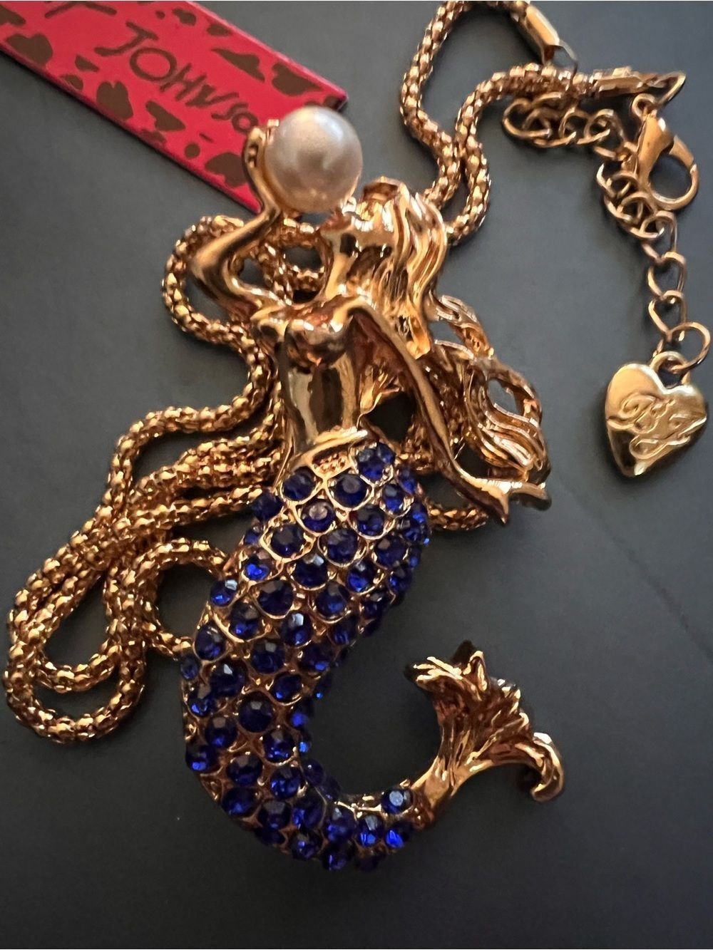 Betsey Johnson Mermaid Necklace/brooch with Blue Crystal Tail and Faux Pearl - Picture 2 of 9
